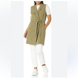New Nine West Notch Collar Tie Waist Long Vest Jacket Khaki Olive Green Size 10